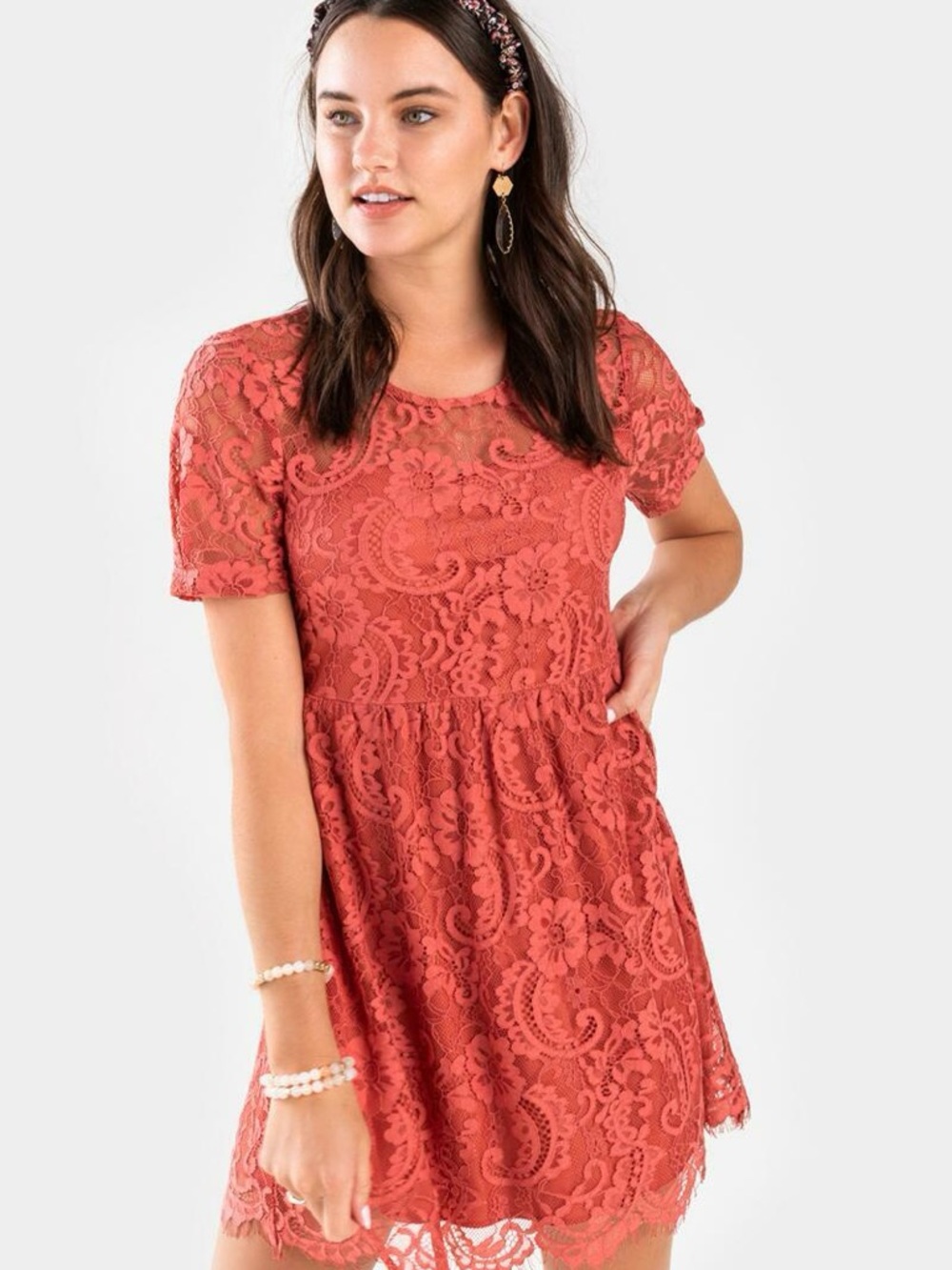 Mi Ami Coral Lace Mini babydoll Dress fringe trim chic country‎ western